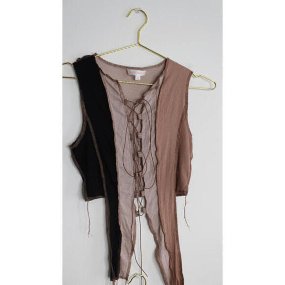 Brown Tan Lettuce Edge Sexy 2 Piece Set - Crop Lace up Top and Leggings - Medium - Picture 3 of 4